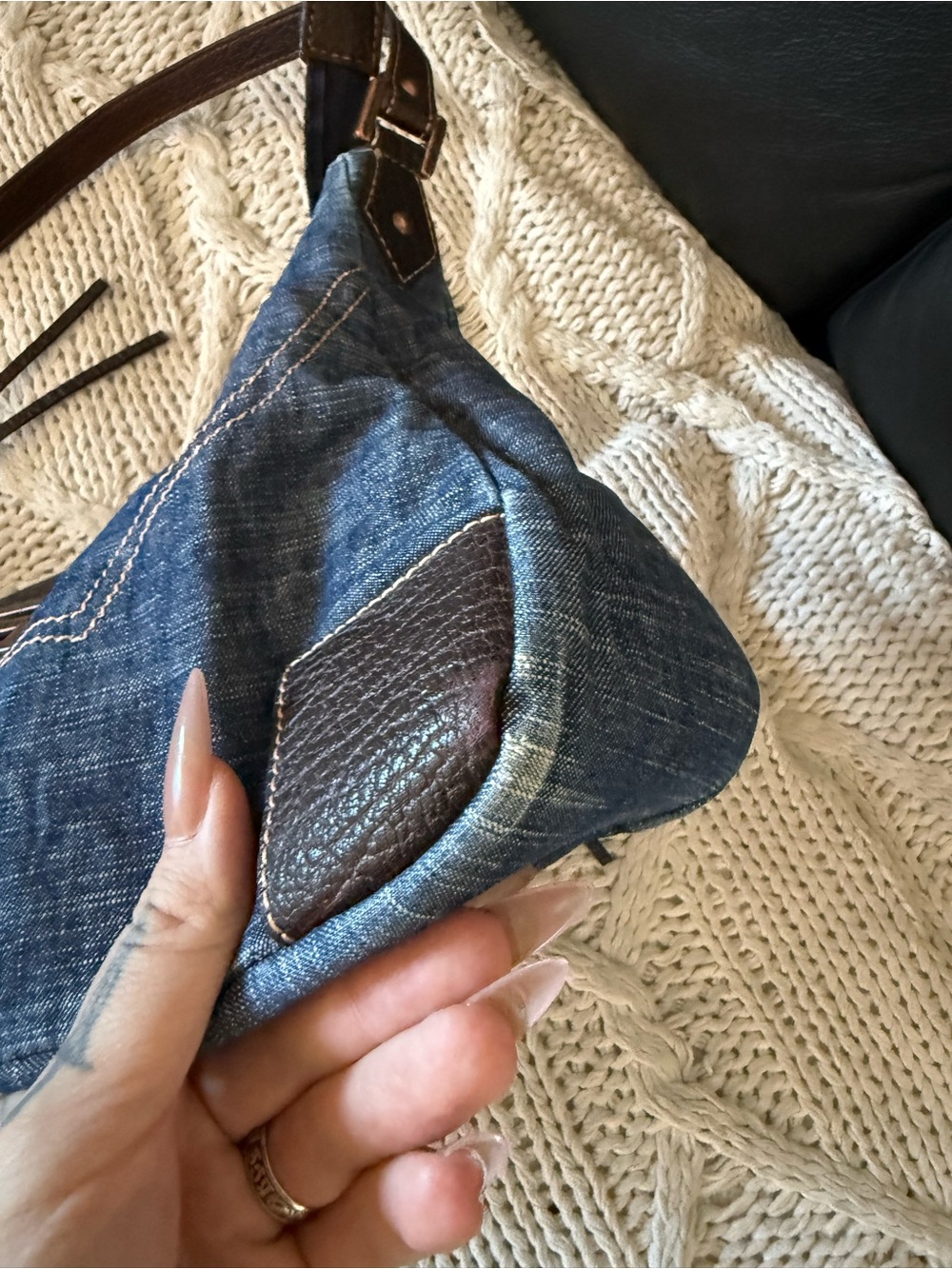 Guess Denim Shoulder Bag with Dark Brown Trim - Picture 10 of 11